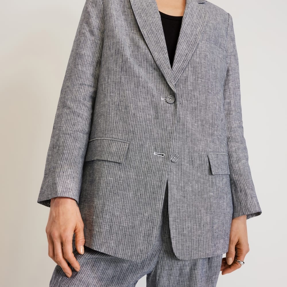 Everlane The Oversized Blazer in Linen Pinstripe Grey Navy Size 4